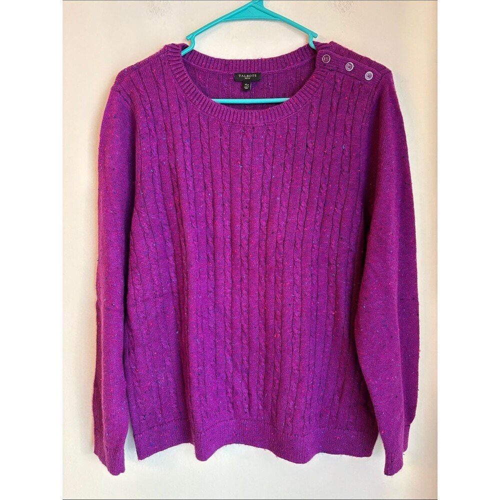 Talbots cable knit Bright Purple speckle  Crewneck Sweater Buttons Women’s XLP